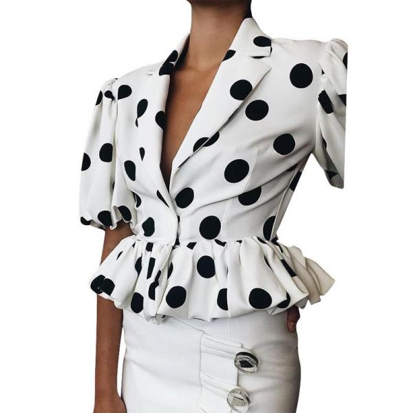Big polka dots blouse shirt women Short sleeve v neck white blouse Summer  elegant peplum tops Turn down dot blusas femme - Hplify