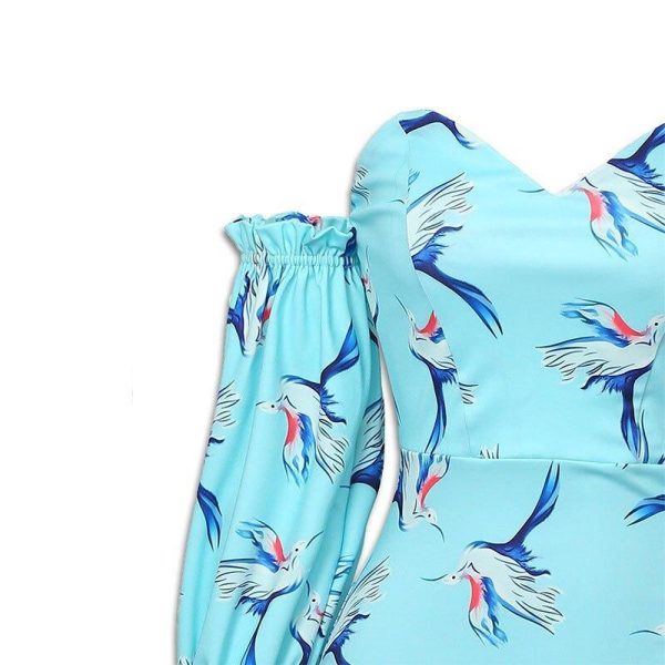 Bird print tied cuff dress Women off shoulder slim fit knee bodycon dress Elegant ladies party dresses tight vestidos mujer - Hplify