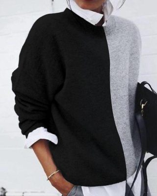 Black Grey Patchwork Long Sleeve Sweathsirt Hoodies Wmen Casual Loose Turn Down Collar Pullover Tops Winter Oversize Hoodie - Hplify