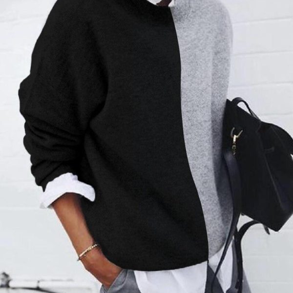 Black Grey Patchwork Long Sleeve Sweathsirt Hoodies Wmen Casual Loose Turn Down Collar Pullover Tops Winter Oversize Hoodie - Hplify