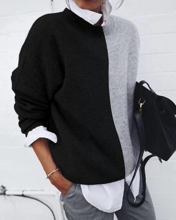 Black Grey Patchwork Long Sleeve Sweathsirt Hoodies Wmen Casual Loose Turn Down Collar Pullover Tops Winter Oversize Hoodie - Hplify