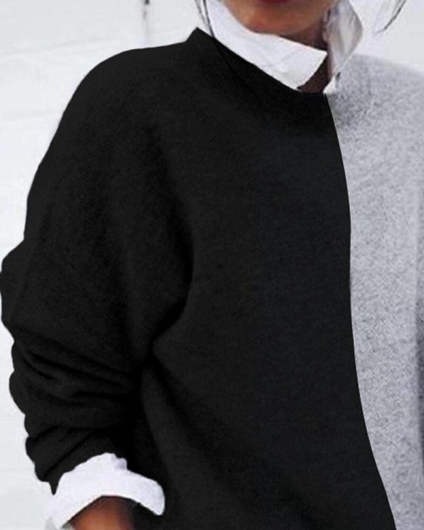 Black Grey Patchwork Long Sleeve Sweathsirt Hoodies Wmen Casual Loose Turn Down Collar Pullover Tops Winter Oversize Hoodie - Hplify