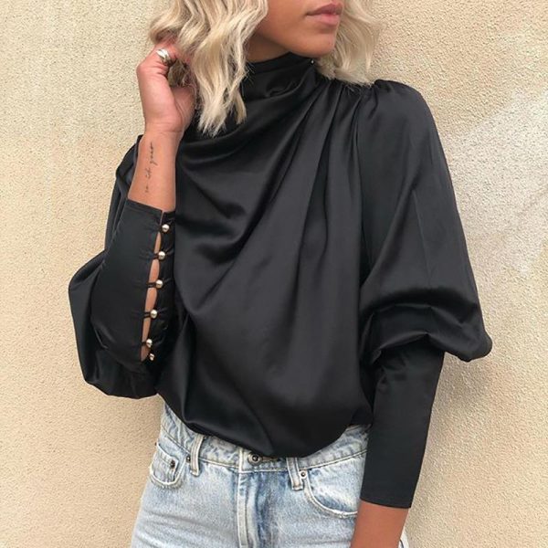 Black Lace-Up Cuff Drape Shirt Long Sleeve T Shirt Women Solid Elegant Office Ladies Casual Blusas Mujer Workwear - Hplify