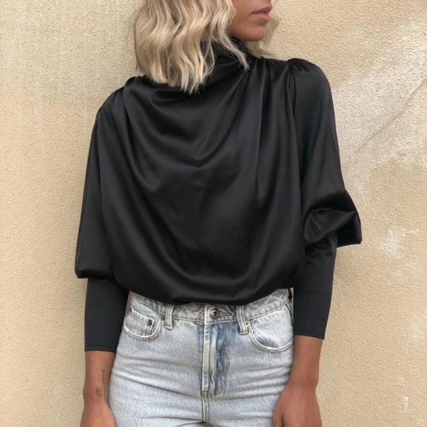 Black Lace-Up Cuff Drape Shirt Long Sleeve T Shirt Women Solid Elegant Office Ladies Casual Blusas Mujer Workwear - Hplify