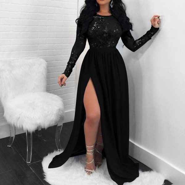 Black Sequined Long Dress Women Open Back Long Sleeve Slit Party Dress Wmen Elegant Formal Holidays Maxi Dresses Vestidos - Hplify