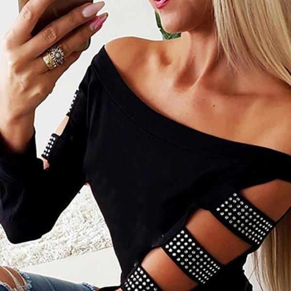 Black diamonds cutout sleeve blouse shirt women Long sleeve off shoulder top Summer slim fit blouses woman  blusas mujer - Hplify
