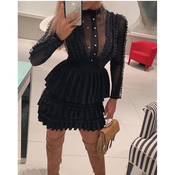 Bodycon Dress Women Long Sleeve Turtleneck-neck Black Lace Party Dress Elegant Layerd Design A-line Pleated Vestido Summer - Hplify