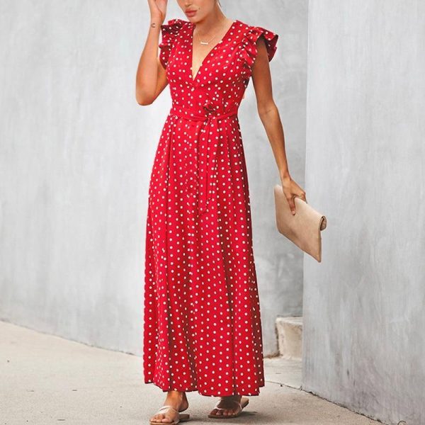 Bohemian dot print maxi dress Ruffle sleeve v neck sexy women dress Summer Sashes wrap dresses Casual boho beach robe femme - Hplify
