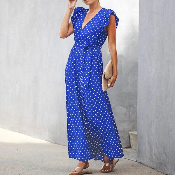 Bohemian dot print maxi dress Ruffle sleeve v neck sexy women dress Summer Sashes wrap dresses Casual boho beach robe femme - Hplify