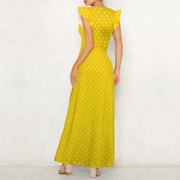 Bohemian dot print maxi dress Ruffle sleeve v neck sexy women dress Summer Sashes wrap dresses Casual boho beach robe femme - Hplify