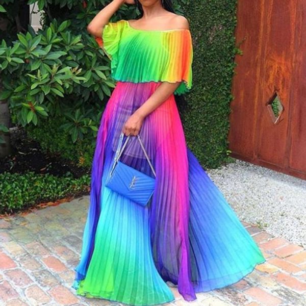 Bohemian off shoulder maxi dress women strapless long pleated dress  Fashion boho beach party dresses robe femme - Hplify
