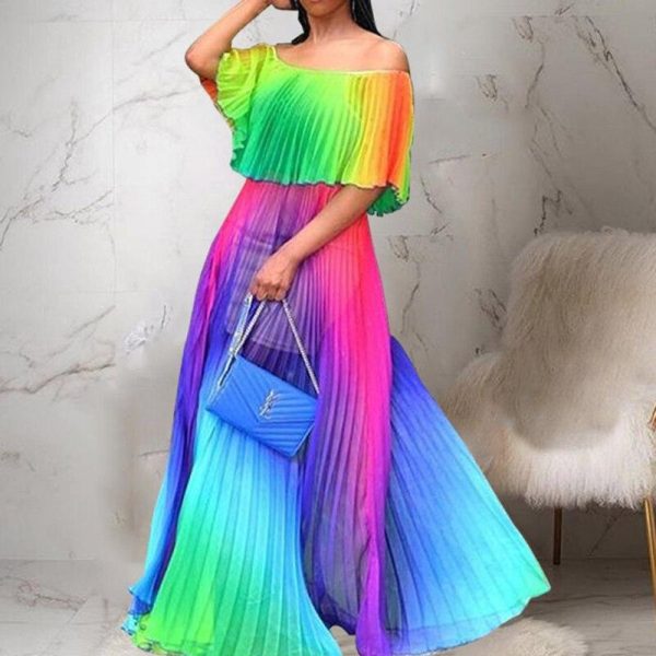 Bohemian off shoulder maxi dress women strapless long pleated dress  Fashion boho beach party dresses robe femme - Hplify