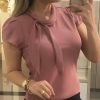Bow Tied Neck Short Sleeve T Shirt Women Solid Pink Slim Cauasl Tops Summer Elegant Ladies Tshirt Blusa - Hplify