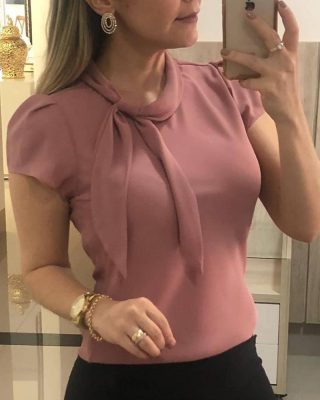 Bow Tied Neck Short Sleeve T Shirt Women Solid Pink Slim Cauasl Tops Summer Elegant Ladies Tshirt Blusa - Hplify