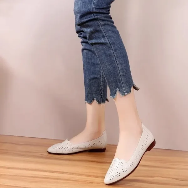 Breathable Genuine Leather Summer Shoes Woman  Flat Heel Hollow Out Flats Slip On Shoes For Women Soft