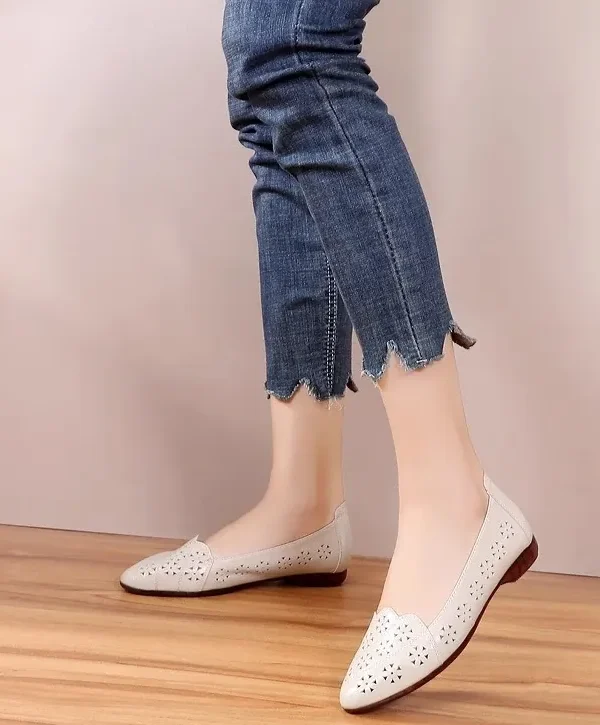 Breathable Genuine Leather Summer Shoes Woman  Flat Heel Hollow Out Flats Slip On Shoes For Women Soft