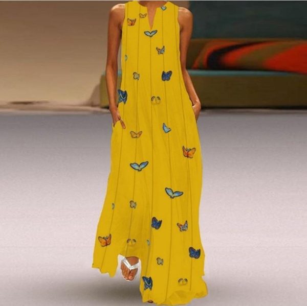 Butterfly long maxi dress women Summer Sleeveless front cutout boho beach dresses Casual loose sundress robe femme - Hplify