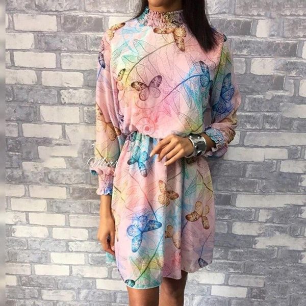 Butterfly print chiffon dress Summer long sleeve pleated women dress Casual colorful print short sundress vestidos mujer - Hplify