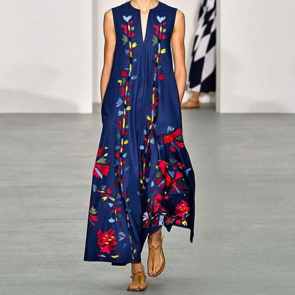 Butterfly print maxi dress Sleeveless v neck summer women dress Bohemian beach sundress Casual long vestidos robe femme - Hplify