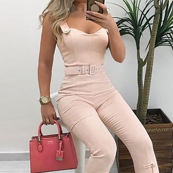 Buttom leg belted jumpsuit for women Spaghetti strap long jumpsuit pants womens rompers Summer bodycon overalls body mujer - Hplify