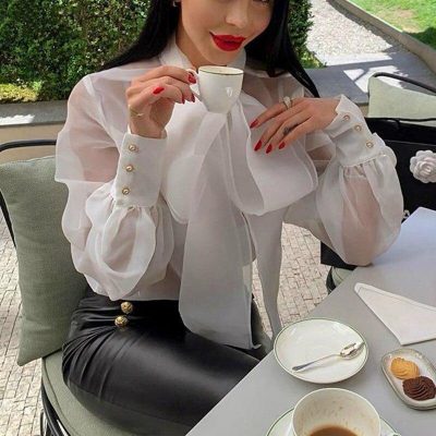 Button down sleeve blouse shirt women Transparent bpw neck summer tops Elegant office ladies white shirt strettwear Blusa femme - Hplify