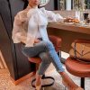 Button down sleeve blouse shirt women Transparent bpw neck summer tops Elegant office ladies white shirt strettwear Blusa femme - Hplify