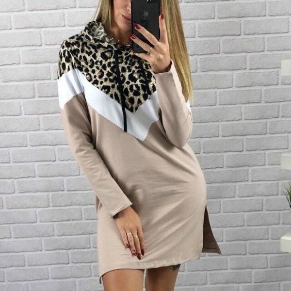 Casual Long Sleeve Women Dress Fall Clothing Leopard Patchwork Long Sleeve Women Hoodies Mini Dress - Hplify