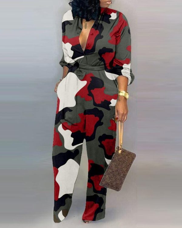 Casual Loose Long Jumpsuit Women V Neck Camouflage Print Buttoned Jumpsuit Long Sleeve Rompers Party Club Jumpsuits - Hplify