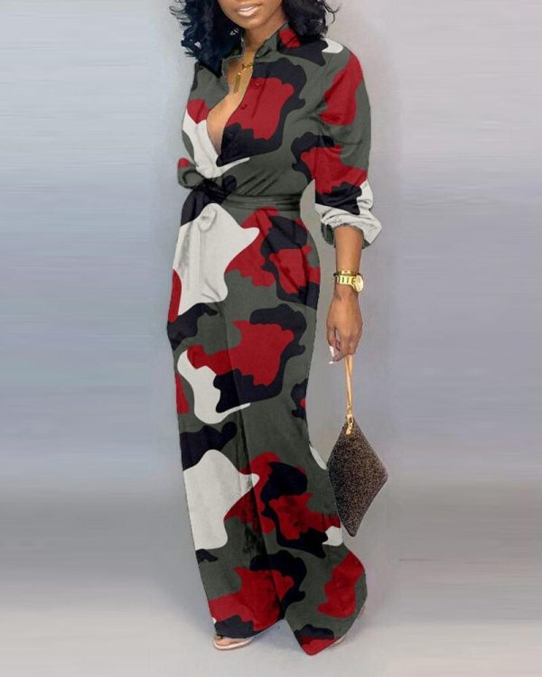 Casual Loose Long Jumpsuit Women V Neck Camouflage Print Buttoned Jumpsuit Long Sleeve Rompers Party Club Jumpsuits - Hplify
