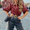 Casual Slim Pu Leather Shirt Women Blouse Tops Half Sleeve Turn Down Collar Singler Breasted Leather Puff Sleeve Tops Blusa - Hplify