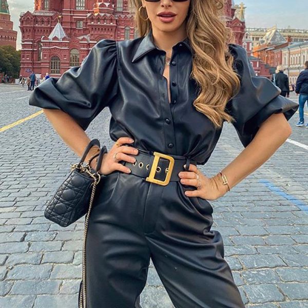 Casual Slim Pu Leather Shirt Women Blouse Tops Half Sleeve Turn Down Collar Singler Breasted Leather Puff Sleeve Tops Blusa - Hplify