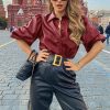 Casual Slim Pu Leather Shirt Women Blouse Tops Half Sleeve Turn Down Collar Singler Breasted Leather Puff Sleeve Tops Blusa - Hplify