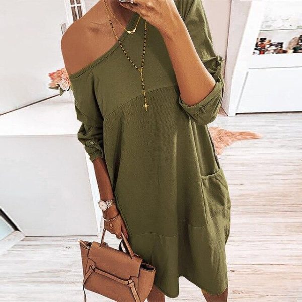Casual Solid Color Round Neck Long Sleeve Women Dress Casual Women Shirt Dress Fashion Long Sleeve Dress Women - Hplify