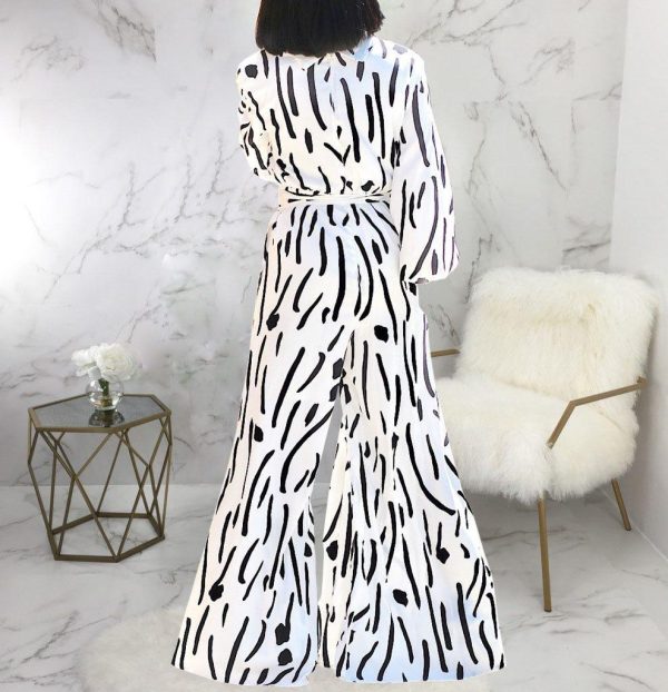 Casual Women Jumpsuit Wide Leg Pants Stand Neck Long Sleeve One Piece Jumpsuit Print High Waist Sashes Elegant Overalls - Hplify