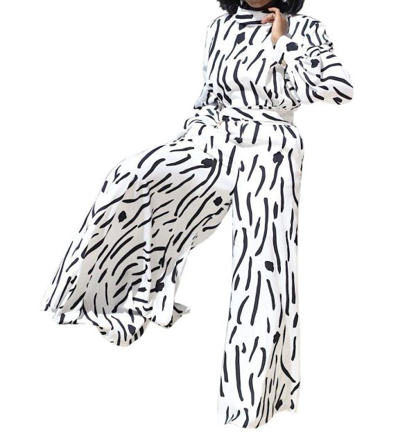 Casual Women Jumpsuit Wide Leg Pants Stand Neck Long Sleeve One Piece Jumpsuit Print High Waist Sashes Elegant Overalls - Hplify
