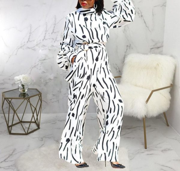 Casual Women Jumpsuit Wide Leg Pants Stand Neck Long Sleeve One Piece Jumpsuit Print High Waist Sashes Elegant Overalls - Hplify