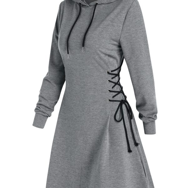 Women Long Sleeve Autumn Dress Drawstring Lace Up Hoodie Gothic Mini Dress - black, L