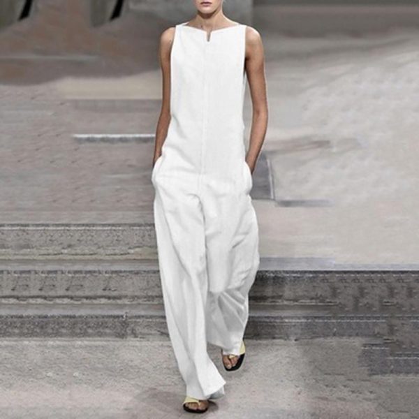 Casual loose rompers womens jumpsuit Summer sleeveless solid black white jumpsuit streetwear Pocket long pants overalls - Hplify