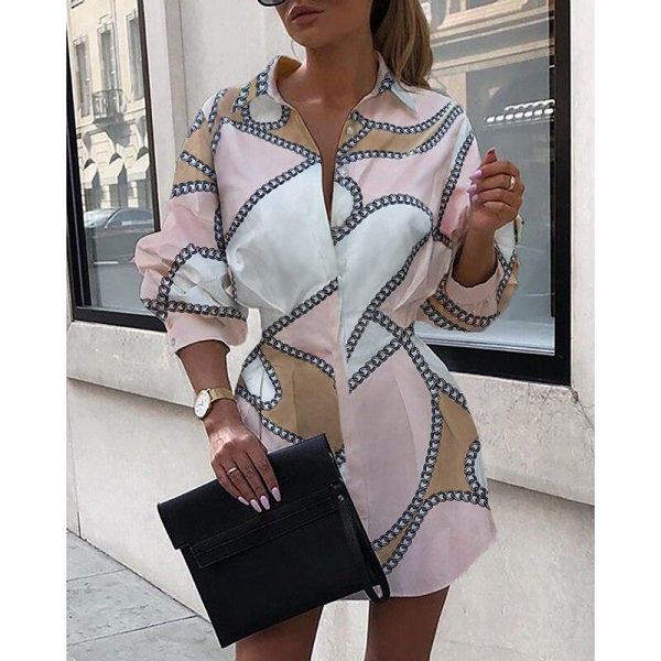 Chain print tight waist shirt dress women Retro turn down collar long sleeve dress Autumn  casual short dresses vestido - Hplify