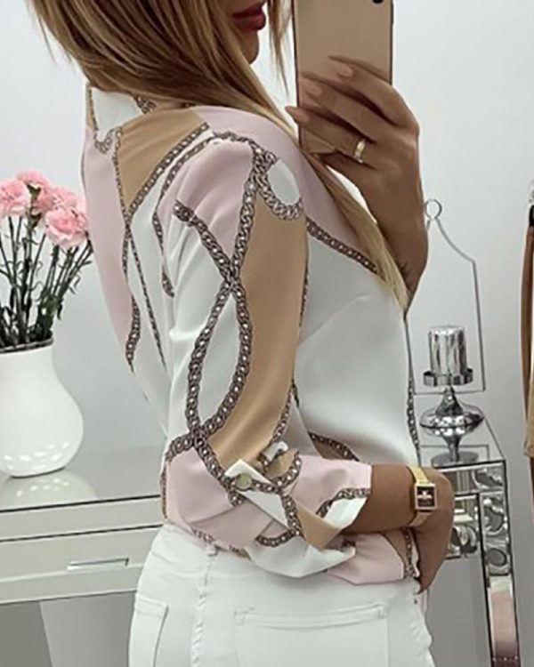 Chains Print Button Design Casual Tops O Neck Long Sleeve T Shirt Women Blusas Mujer De Moda - Hplify