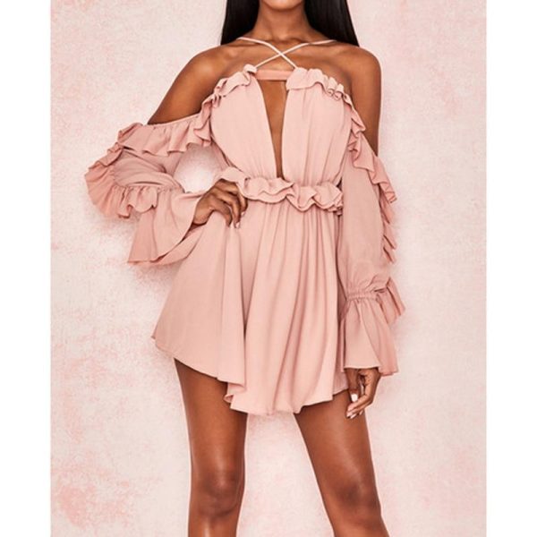 Cold shoulder chiffon rompers womens jumpsuit Halter casual losoe summer beach jumpsuit wide leg pants short jumpsuits overalls - Hplify
