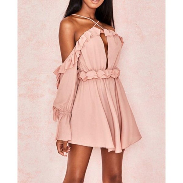 Cold shoulder chiffon rompers womens jumpsuit Halter casual losoe summer beach jumpsuit wide leg pants short jumpsuits overalls - Hplify