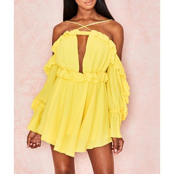 Cold shoulder chiffon rompers womens jumpsuit Halter casual losoe summer beach jumpsuit wide leg pants short jumpsuits overalls - Hplify