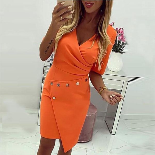 Color orange bodycon dress women Ruched design irregular slim fit summer dress Elegant ladies workwear dresses Sexy vestido - Hplify