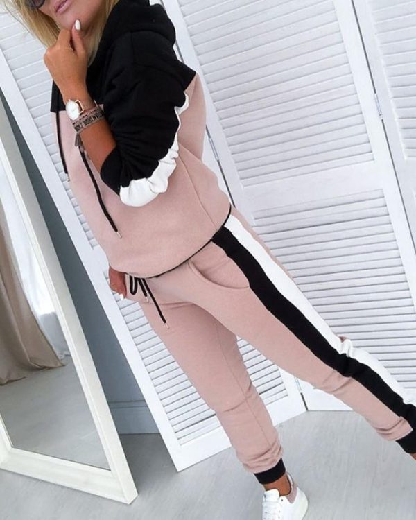 Colorblock Drawsting Design Hooded Top & Slinky Pant Sets women 2 piece set winter  tracksuit - Hplify