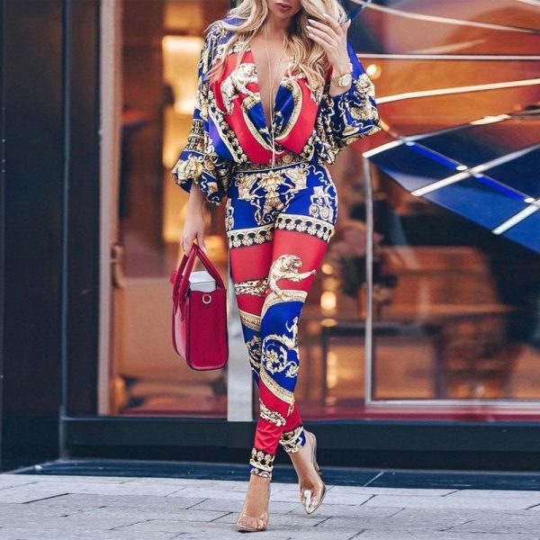 Colorblock Exotic Print Lantern Sleeve Jumpsuit For Women Retro Print V Neck Rompers Womens Jumpsuit Casual Summer Overalls - Hplify