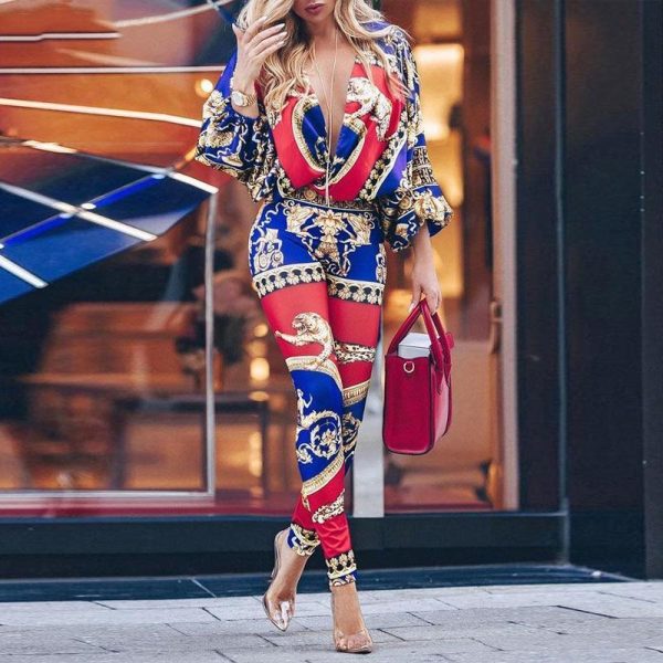 Colorblock Exotic Print Lantern Sleeve Jumpsuit For Women Retro Print V Neck Rompers Womens Jumpsuit Casual Summer Overalls - Hplify