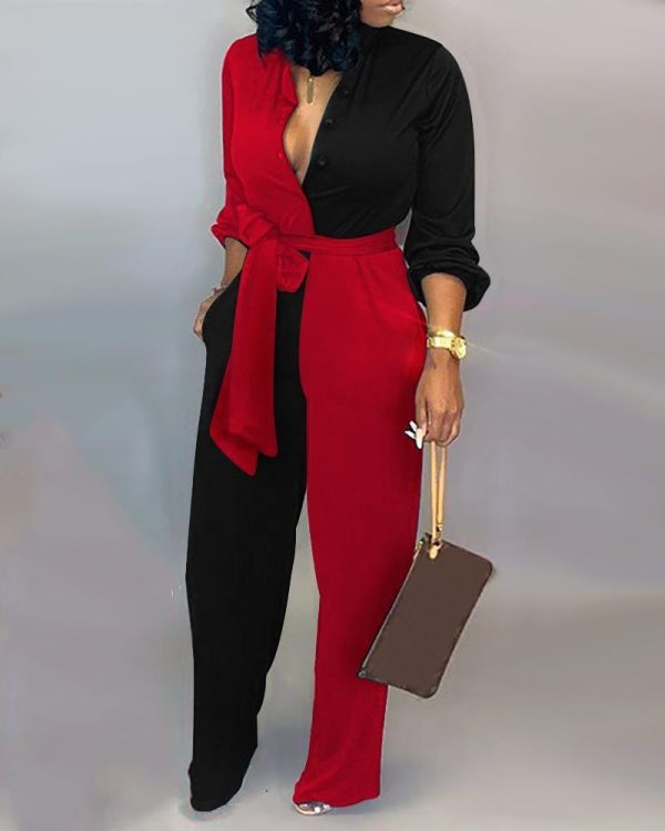 Colorblock Long Sleeve Knotted Jumpsuit - Hplify