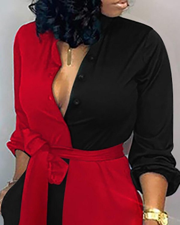 Colorblock Long Sleeve Knotted Jumpsuit - Hplify