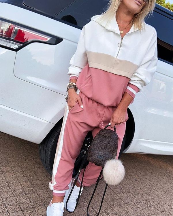 Colorblock Zipped Hooded Top & Drawstring Design Pant Sets Women Casual Loose Hoodies Sweatpants Two Piece Set Spring Tracksuits - Hplify